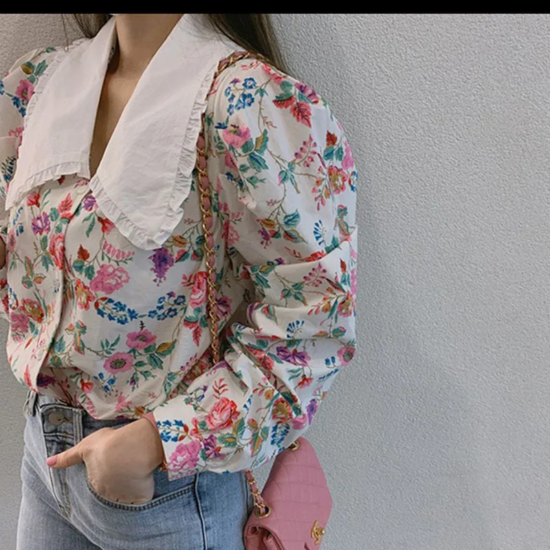 

Korean Chic Floral Women Shirts Peter Pan Collar Puff Sleeve Blouse Top 2021 Spring New Elegant Sweet Blusas Femme