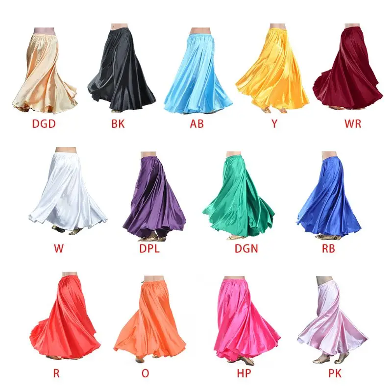 

96cm Womens Elegant Satin Elastic Waistband Belly Dance Pleated Swing Maxi Long Circle Skirt Stage Performance Party Costume