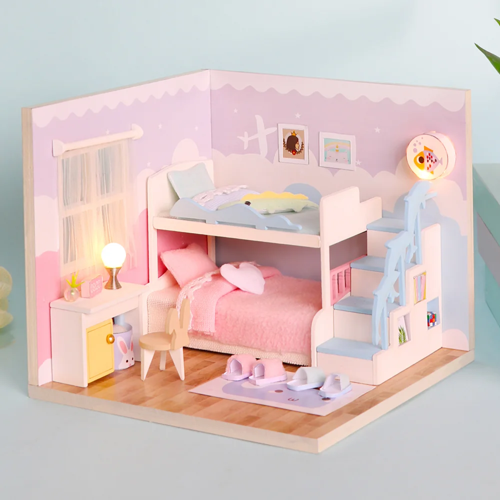 

YARD Rumbox DIY Mini House Dollhouse Big Miniature Building Kit Doll House With Furniture Bedroom House Construction Set