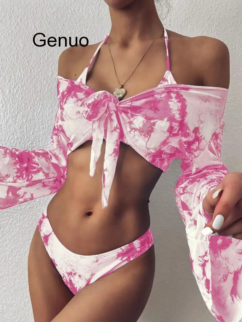 

Ladies Sexy Mesh Long-sleeved Three-piece Tie Dye Bikini Summer Beach Vacation Swimsuit High-quality Swimwear