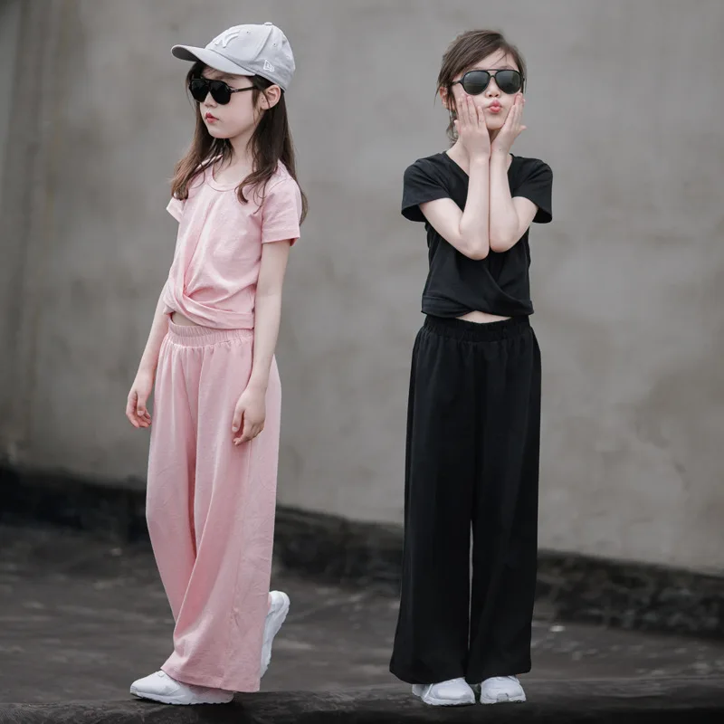 

summer 2020 kids clothes set girls criss-cross T shirt Loose Casual Pants 2Pcs Outfits teen girl cotton clothing Set black pink