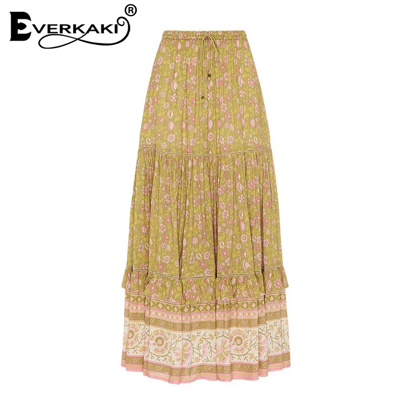 Green Everkaki Boho Цветочная длинная юбка с принтом женские кисточки пояса эластичная талия цыганские летние женские длинные юбки женские Осень Новые - Цвет: Green