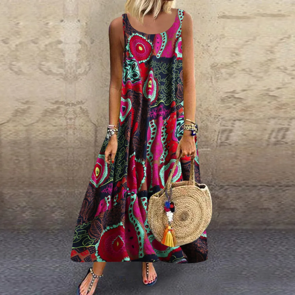Длинное платье в богемном стиле женское повседневное свободное без рукавов