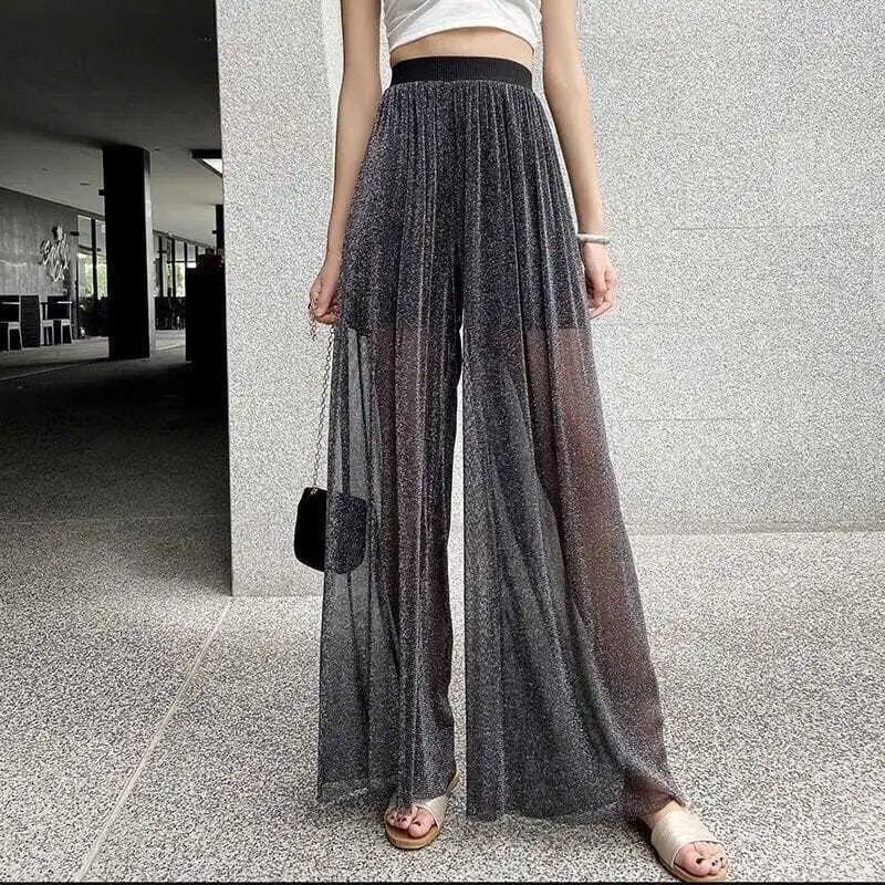 

2020 New Women Summer Casual Ice-silk Anti-mosquito Wide Leg Pants Female Loose Chiffon Beach Elastic High Waist Trousers C85