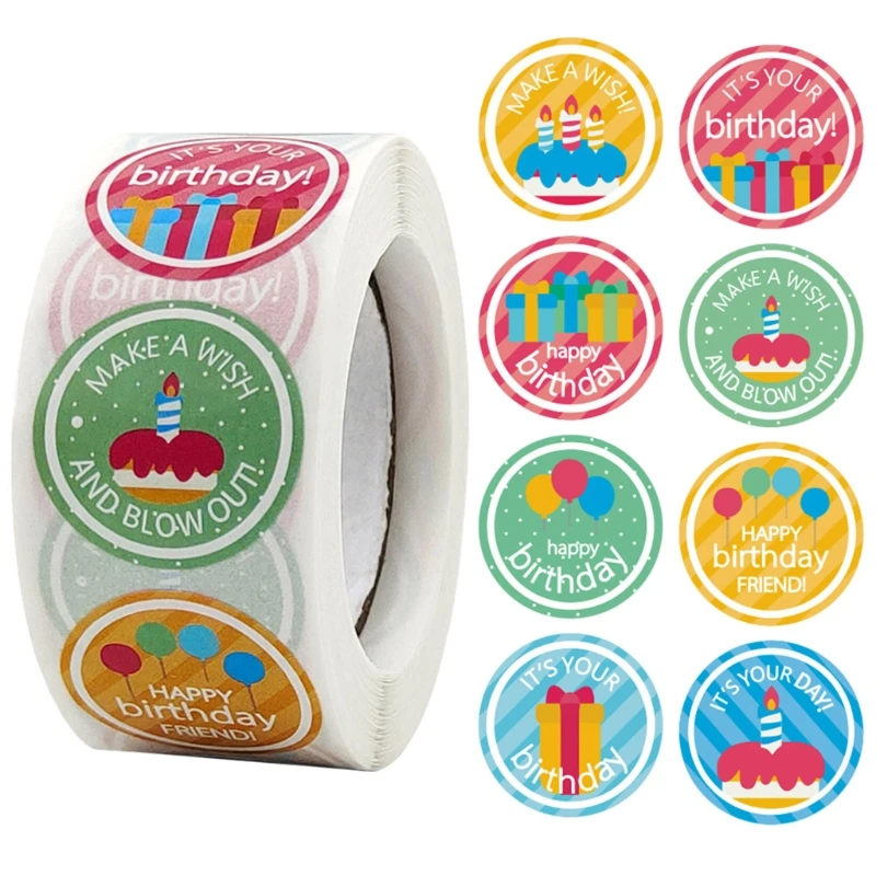 

500 Pieces/roll Self-adhesive Sealing Happy Birthday Sticker Labels 1 Inch Letters Sealing for Gift Bags Packaging