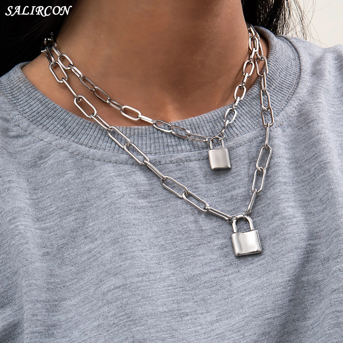 

Goth Stainless Steel Lock Padlock Pendant Necklace for Women Men Punk Geometric Multi Layer Star Coin Chains Necklace Jewelry
