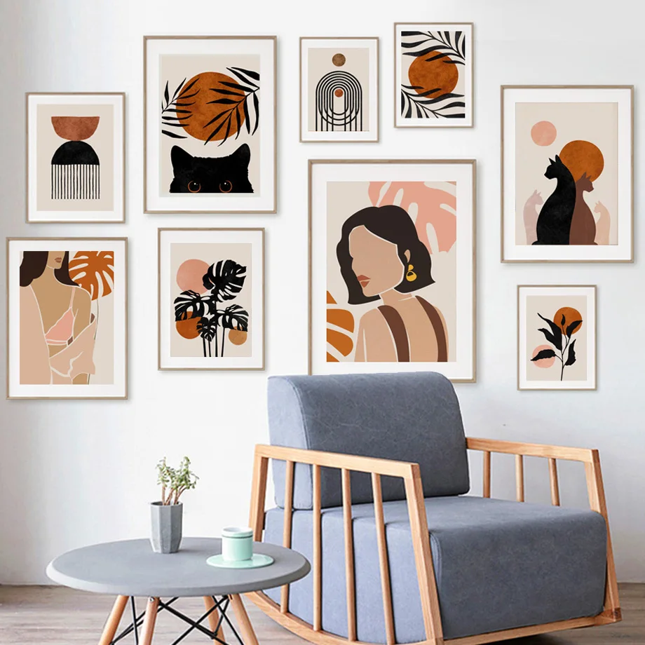 

Abstract Pattern Girl Monstera Black Cat Wall Art Canvas Painting Nordic Posters And Prints Wall Pictures For Living Room Decor