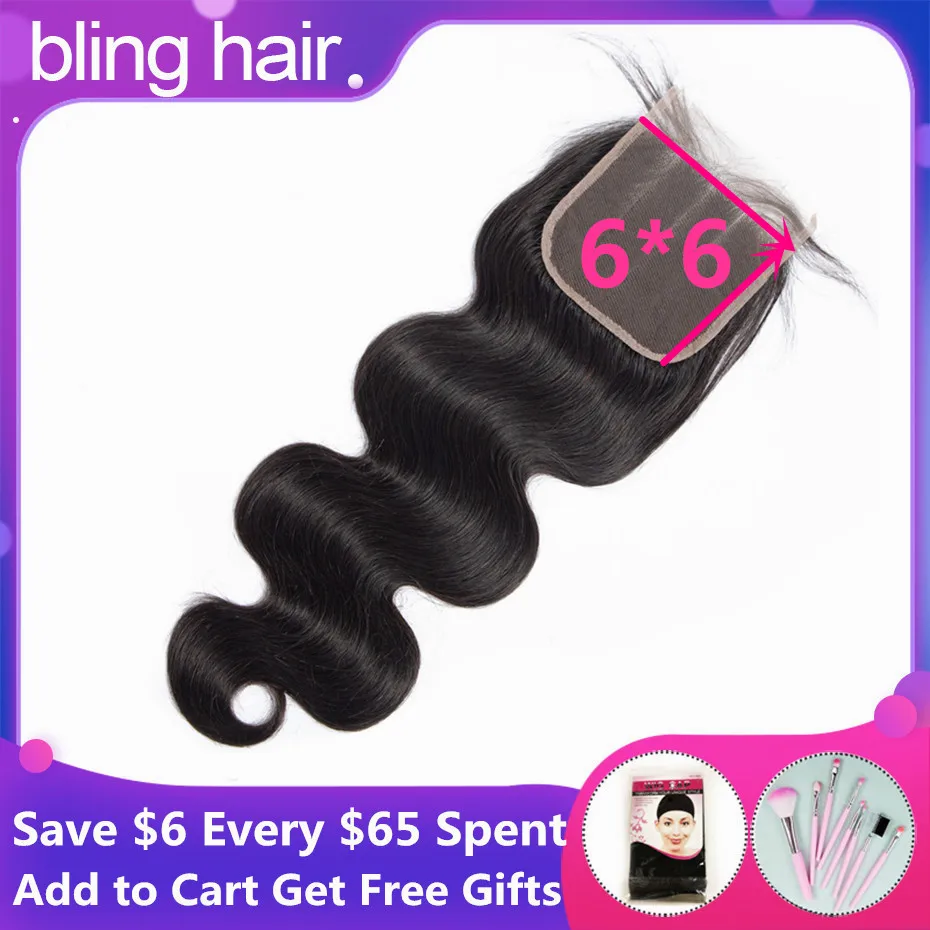 Bling Hair 6x6, бразильские волнистые волосы,, Remy, человеческие волосы, без волос, средний/три части, натуральный цвет