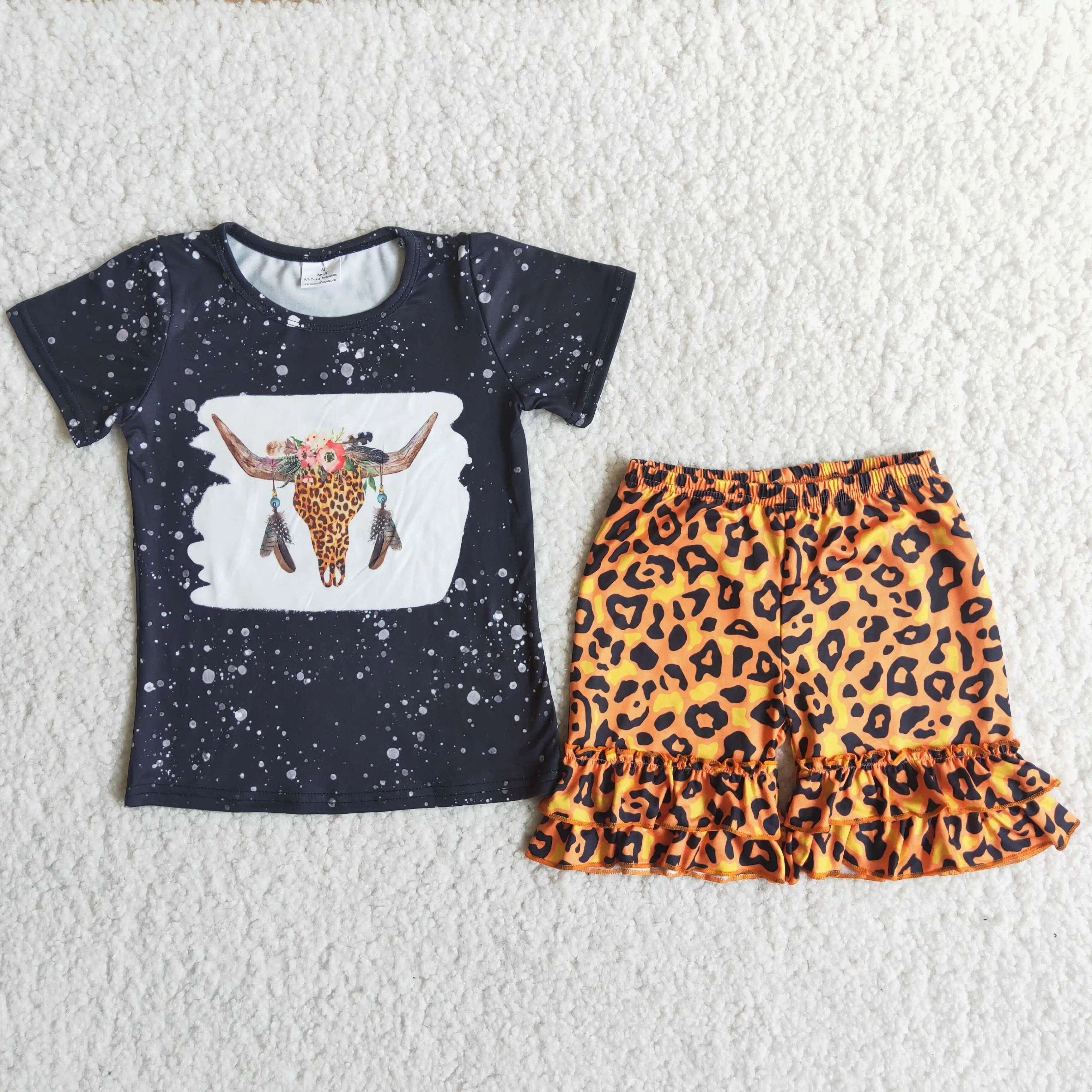 

Summer 2pcs Baby Girls Outfits Short Sleeve Cow Head Pattern Black Shirt Leopard Icing Shorts