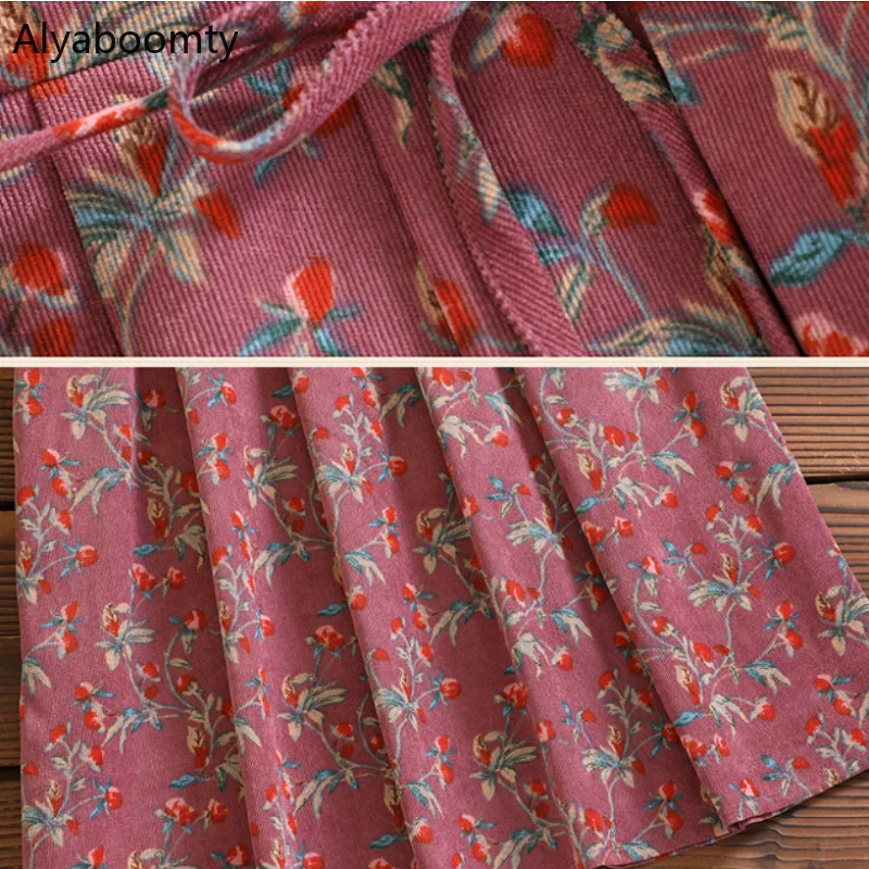 

Mori Girl Autumn Winter Women Vintage Dress Square Collar Floral Printed Red Apricot Elegant Dress Sweet Corduroy Pleated Dress