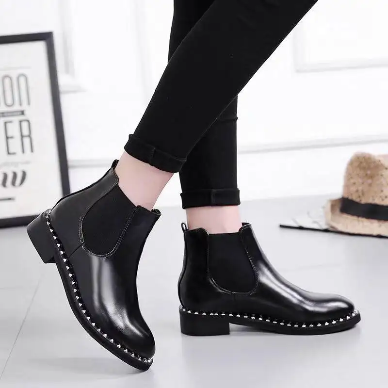 Bishen/зимние ботинки женские ботильоны с круглым носком и заклепками модные