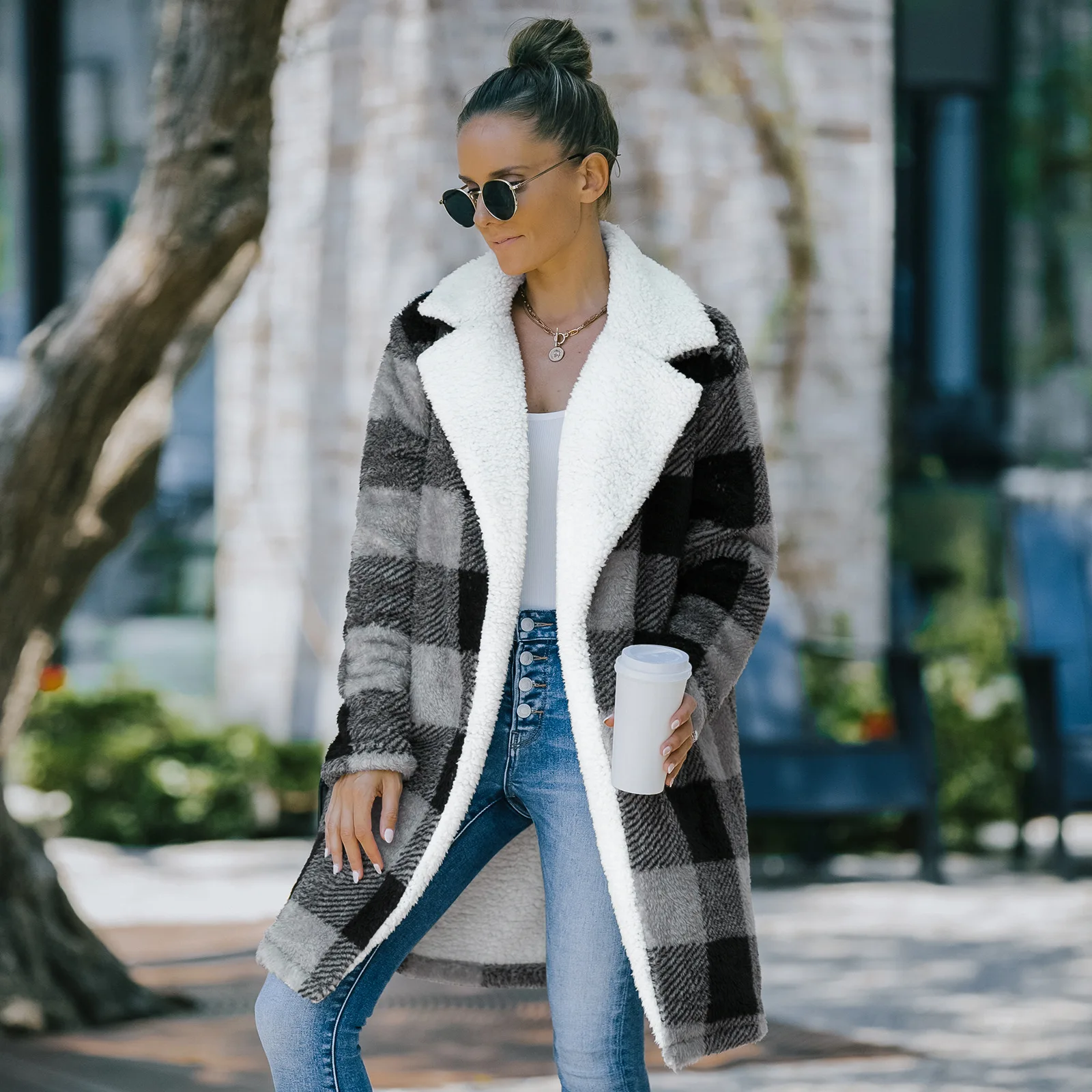 

2021 Fashion Women Winter Plaid Jacket Faux lamb Wool Woolen Plus Size Coat Vintage Loose Mid Long Female Woolen Cloth Overcoat