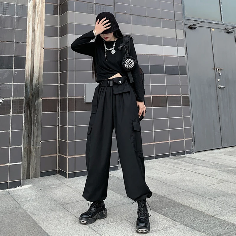 

Cargo Pants woman 2020 new fashion Dark function pocket nine minute pants high waist loose casual tie leg pants