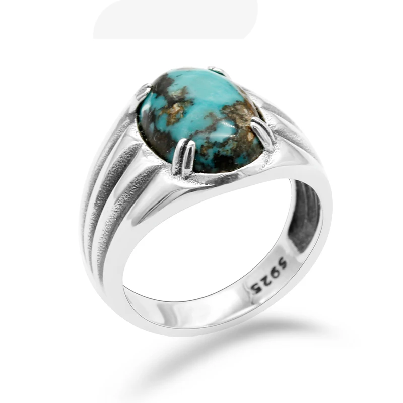 

Turquoise Ring For Men 925 Sterling Silver Prong Setting Blue Natural Stone Vintage Ring for Man Women Turkish Silver Jewelry