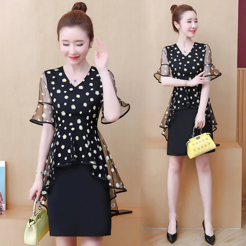 Женское платье с V-образным вырезом асимметричное Сетчатое большого размера в