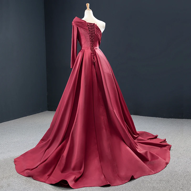 J67144 Elegant And Noble Satin Flavor Wine Red Side Split Party Gowns Evening Dress 2020 A-Line One-Shoulder платье вечернее