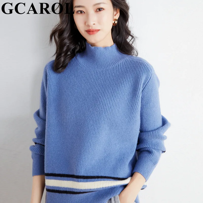

GCAROL Winter Women Stand Up Collar Coarse Sweater Lazy Loose Stripes Patchwork knitted Pullover Drop Shoulder Warm Jumper