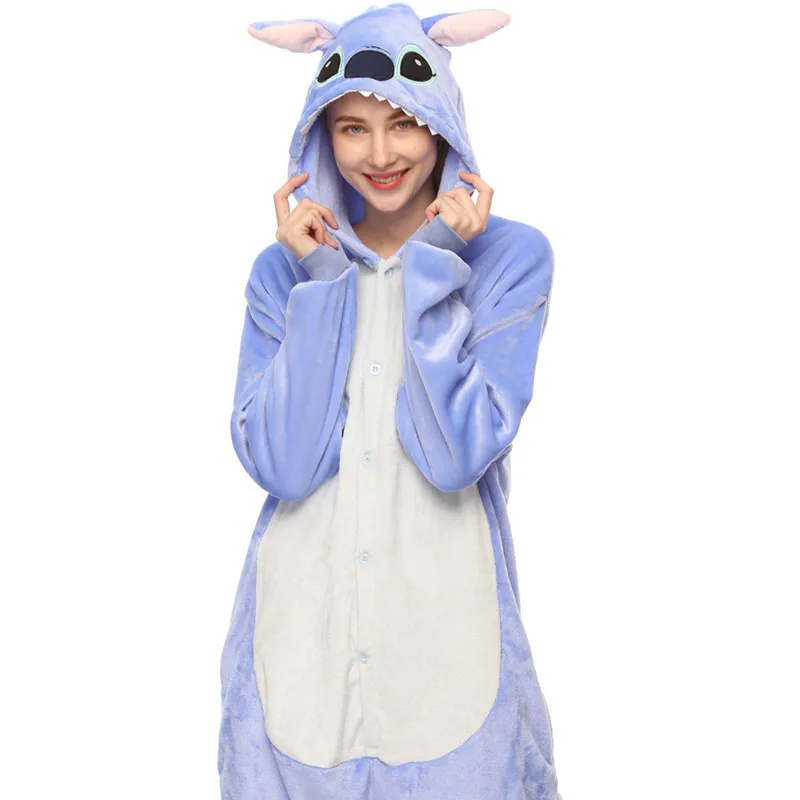 blue stitch Зимние пижамные комплекты с единорогом; пижамы с героями мультфильмов для взрослых и женщин; Фланелевая пижама с изображением животных; пижамы с единорогом; пижамы кигуруми для женщин - Цвет: blue stitch