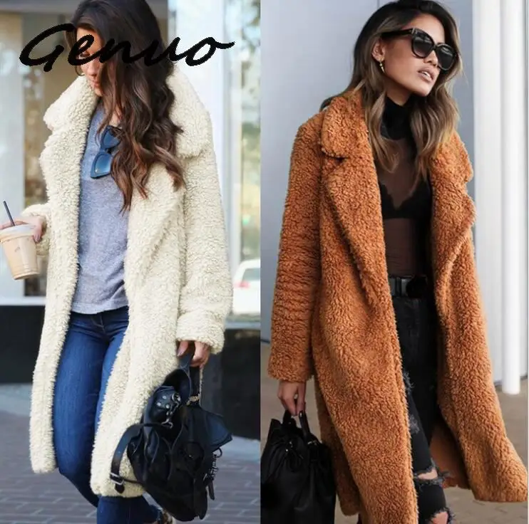 Пальто женское повседневное свободного кроя однотонное длинное плюшевое пальто