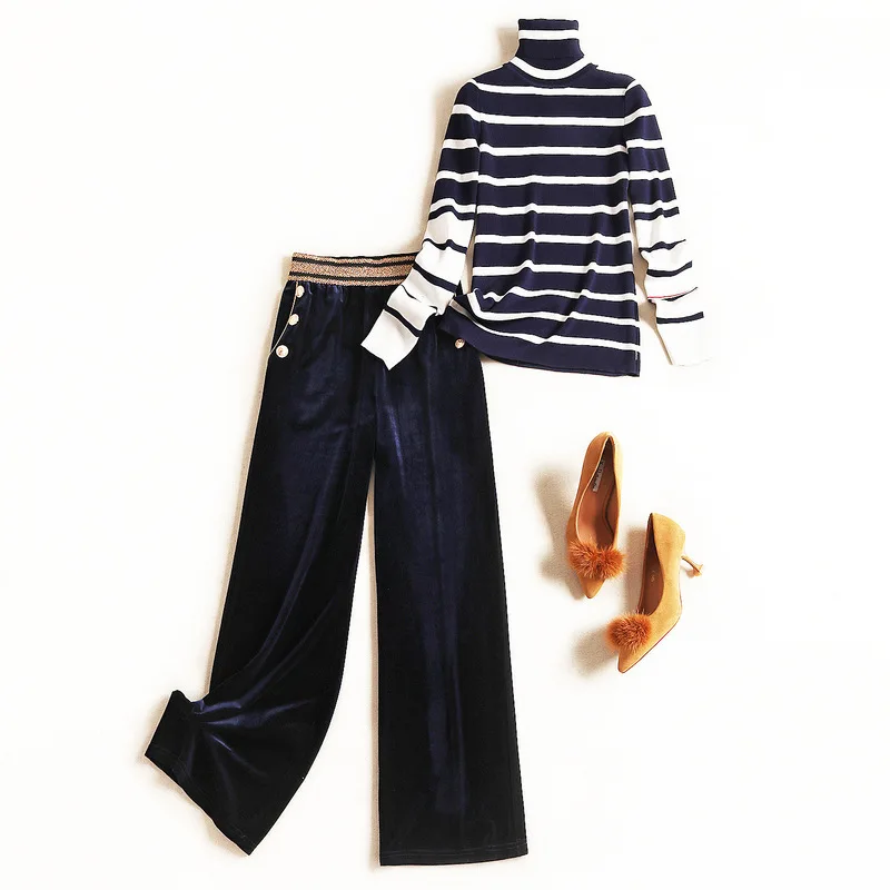 Женский бархатный брючный костюм осенне зимние широкие брюки с эластичным