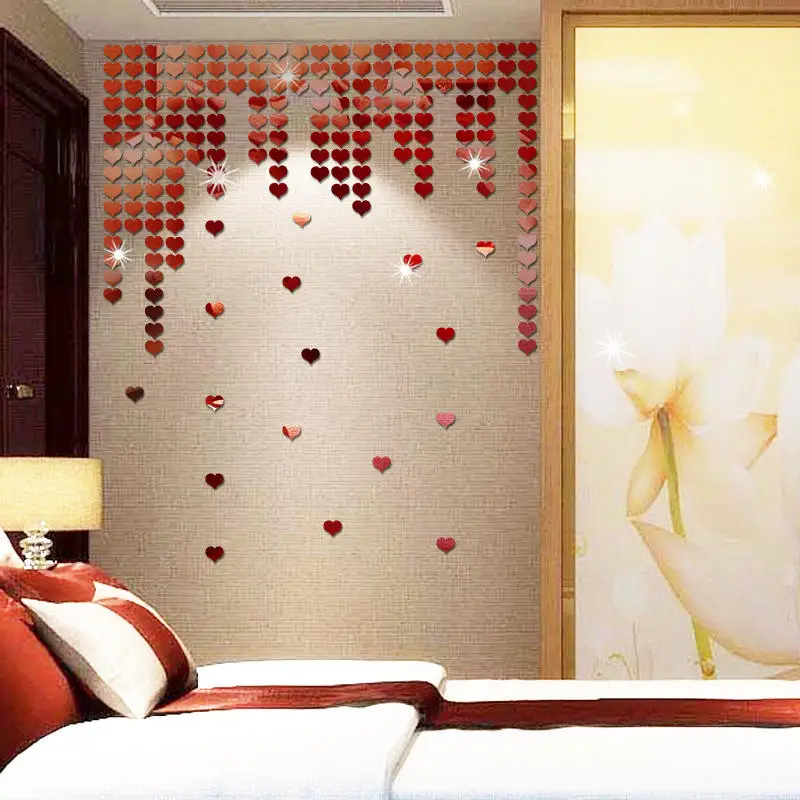 100PCs/Pack Acrylic Mirror 3D Wall Stickers Art Mural Decal Heart Mosaic Room Paper for Kids Home Decoration 2.25*2cm | Дом и сад