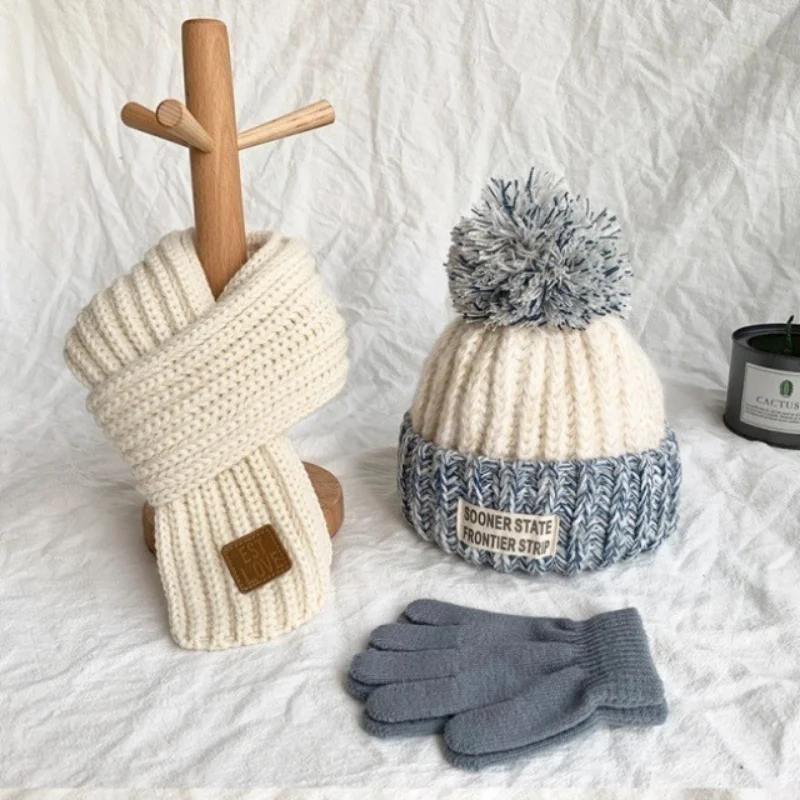 

Autumn winter baby hat scarf glove set Children's warm wool hat neck wrap Boys and girls lovely knitting wool hats and scarves