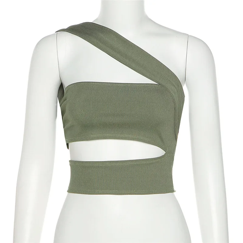 

Knit Bandage Crop Top Women Hollow Out Sexy One Shoulder Corset Breast Wrap Sports Summer Tank Top Female Gothic Clothes