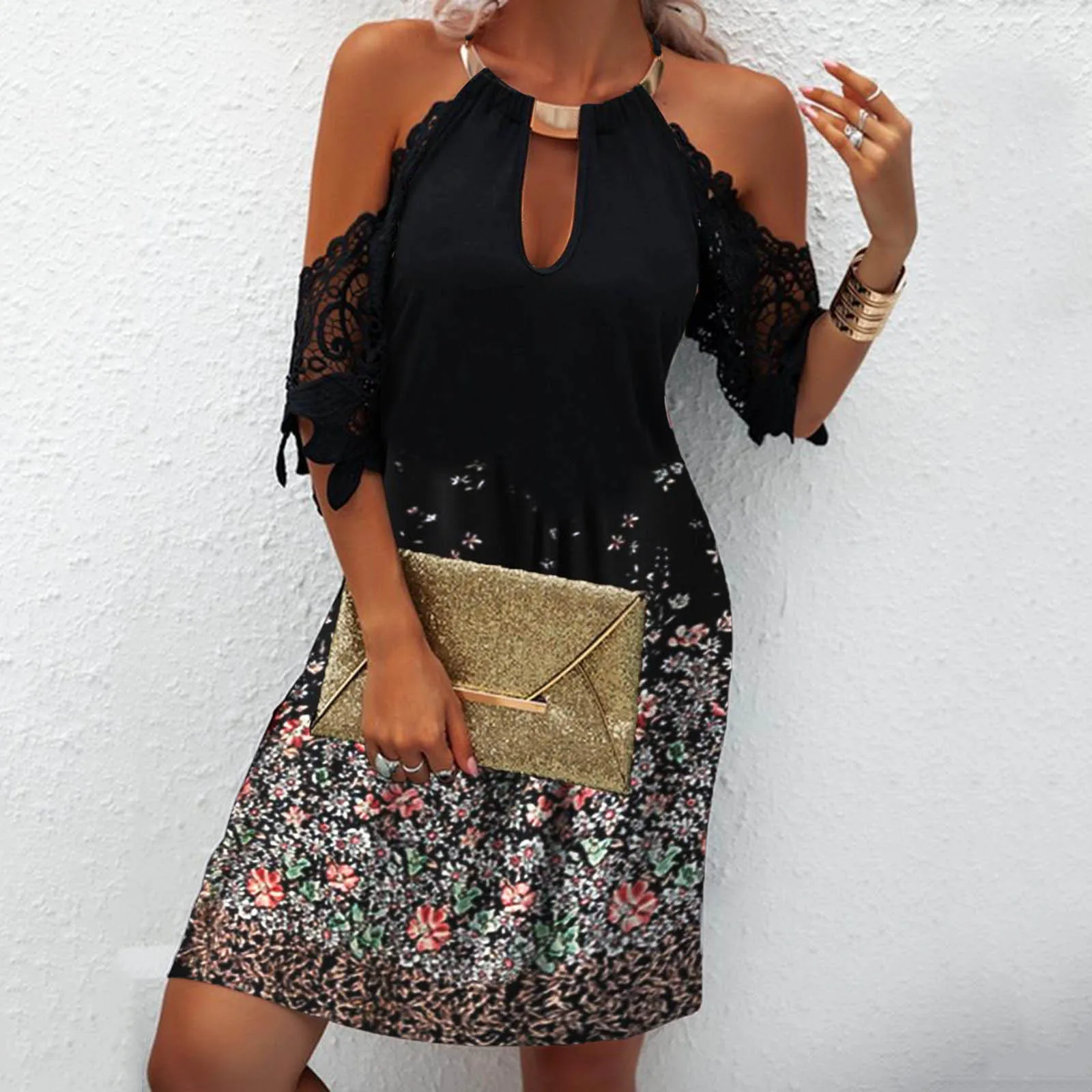 Мини платье женское кружевное с коротким рукавом и вырезом лодочкой|Женские