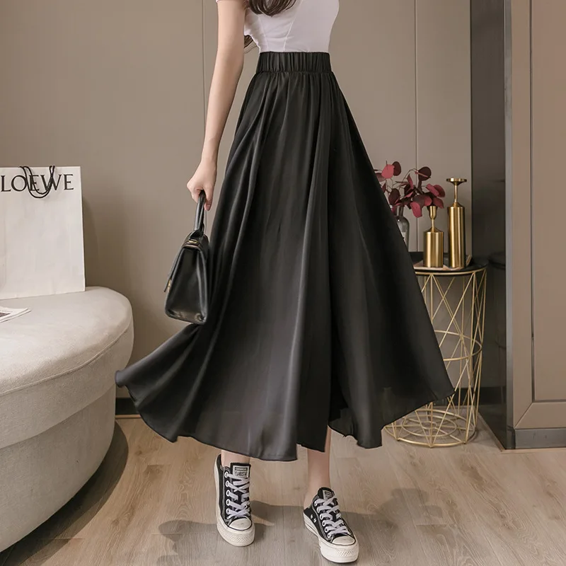 

New Women Wide Leg Beach Pants Summer Loose Large Size Pants Elastic Waist Skirt Pants Female Chiffon Pants Bell Bottom
