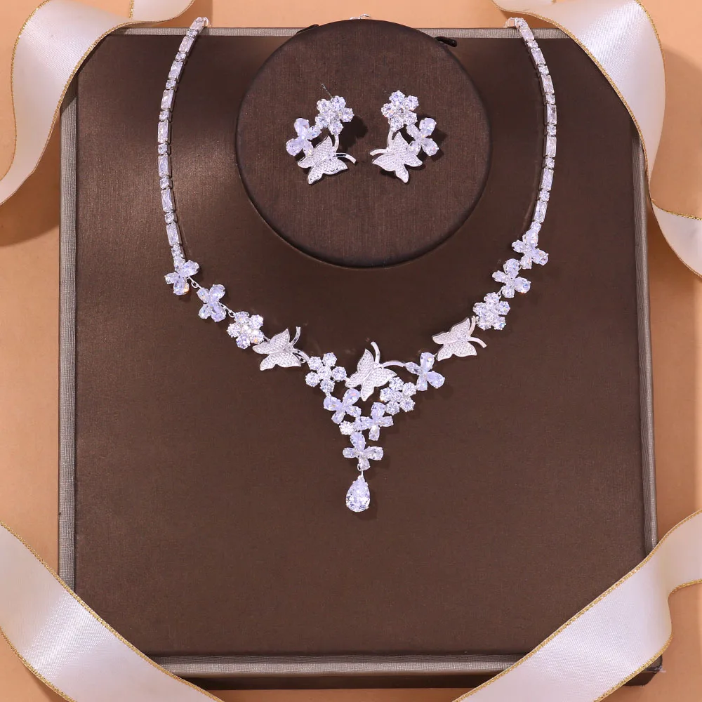 

Stonefans Luxury Flowers Zircon Wedding Jewelry Sets for Bride Metal Butterfly Necklace and Earrings Jewelry Set Christmas Gift