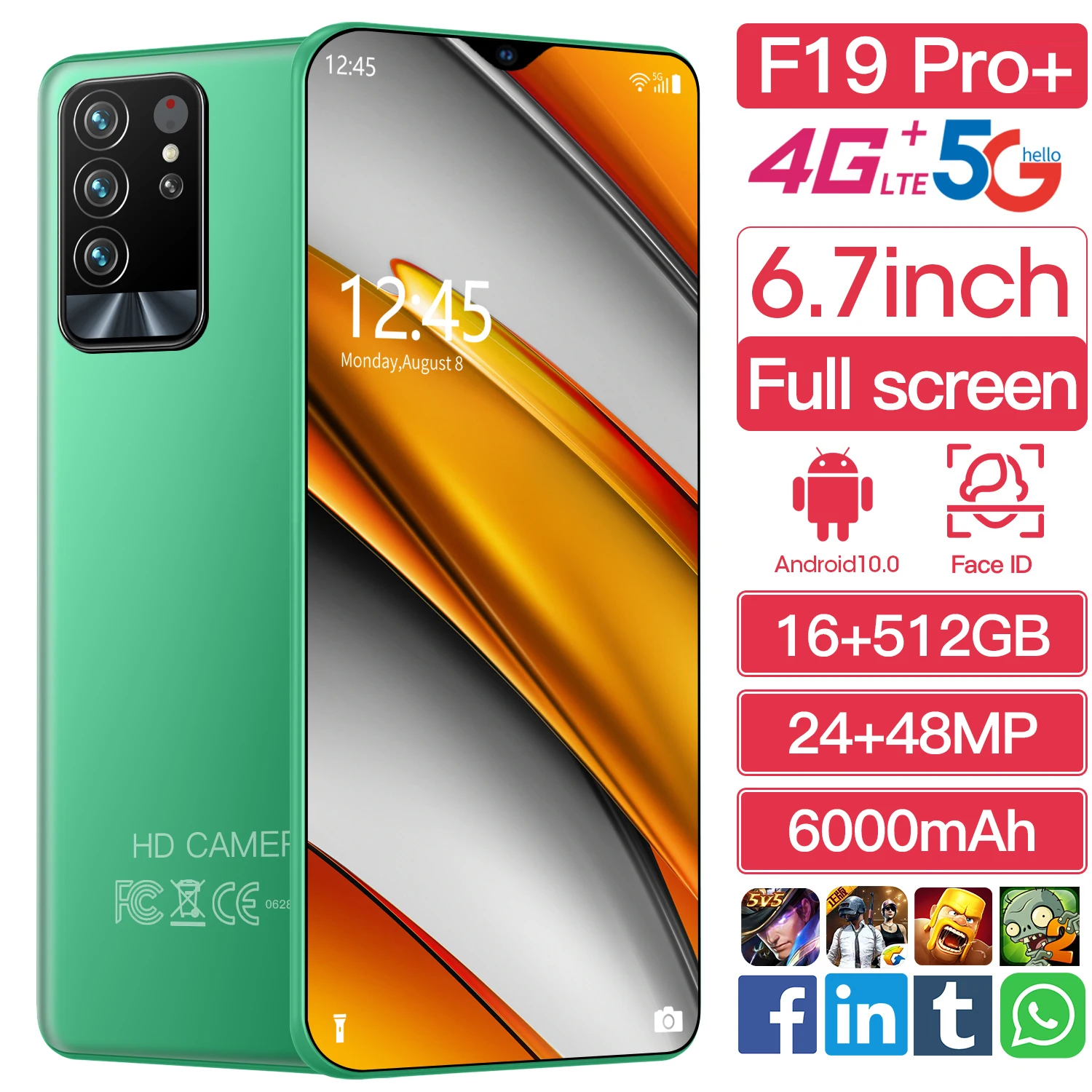 

New Vision F19 Pro+ 6.7 Inch 5G Global Version Mobile Phones 16GB 512GB Dual SIM 48MP 4 Camera AI Face Unlock 6000mAh Cell Phone