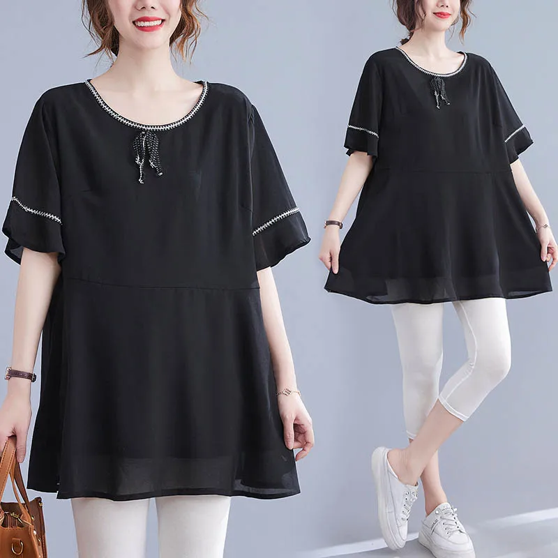 

125Kg bust 138cm women's summer black lace-up chiffon shirt 5XL 6XL 7XL 8XL loose casual temperament short-sleeved top