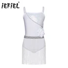 IEFiEL для детей девушки костюмы для лирических танцев эластичные ремешки с блестками латинская Румба сальса танго платье, гимнастический купальник с кисточками