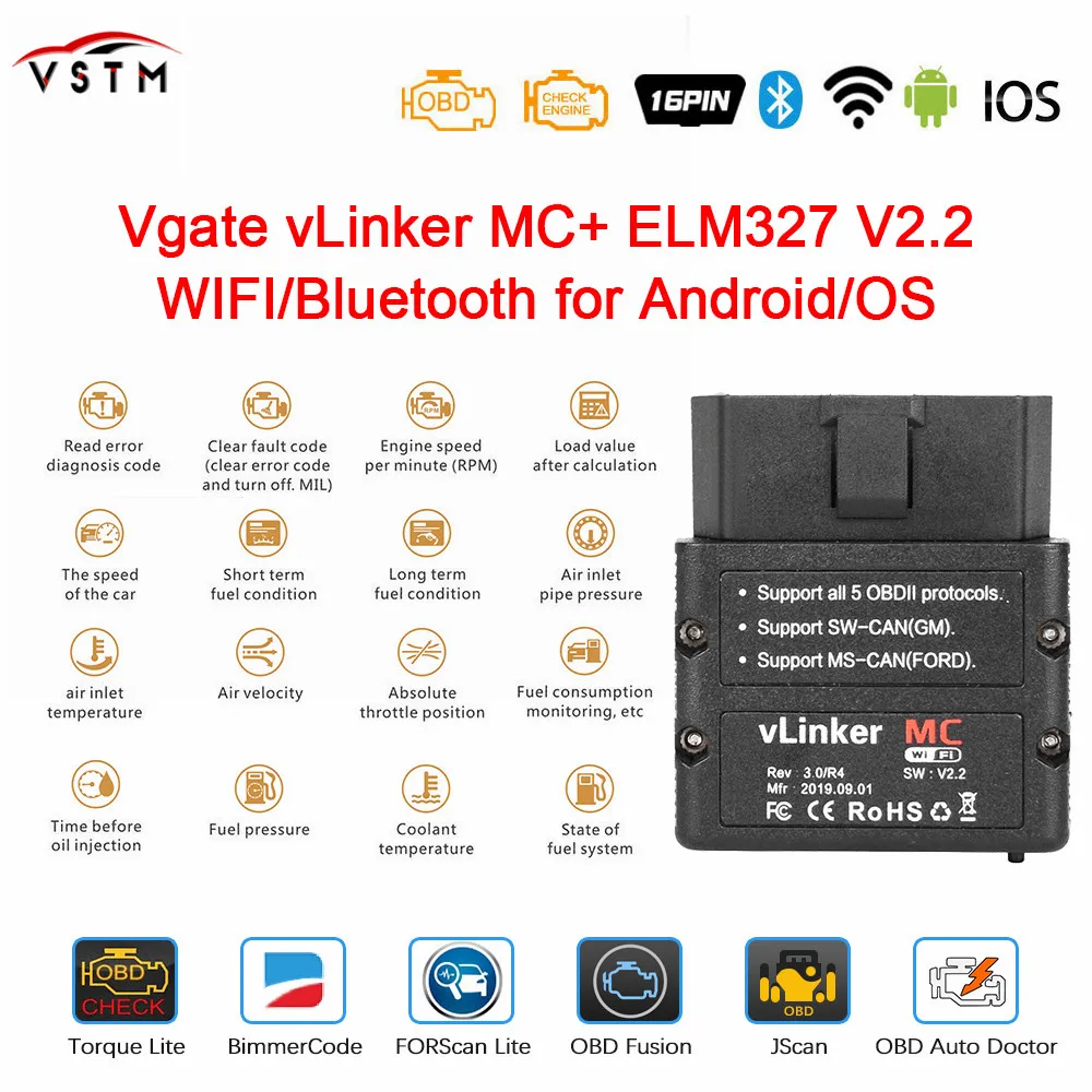 2021 новый оригинальный Vgate vLinker MC + ELM 327 V2.2 Bluetooth 4 0 WIFI ELM327 для Android/IOS сканер OBD2