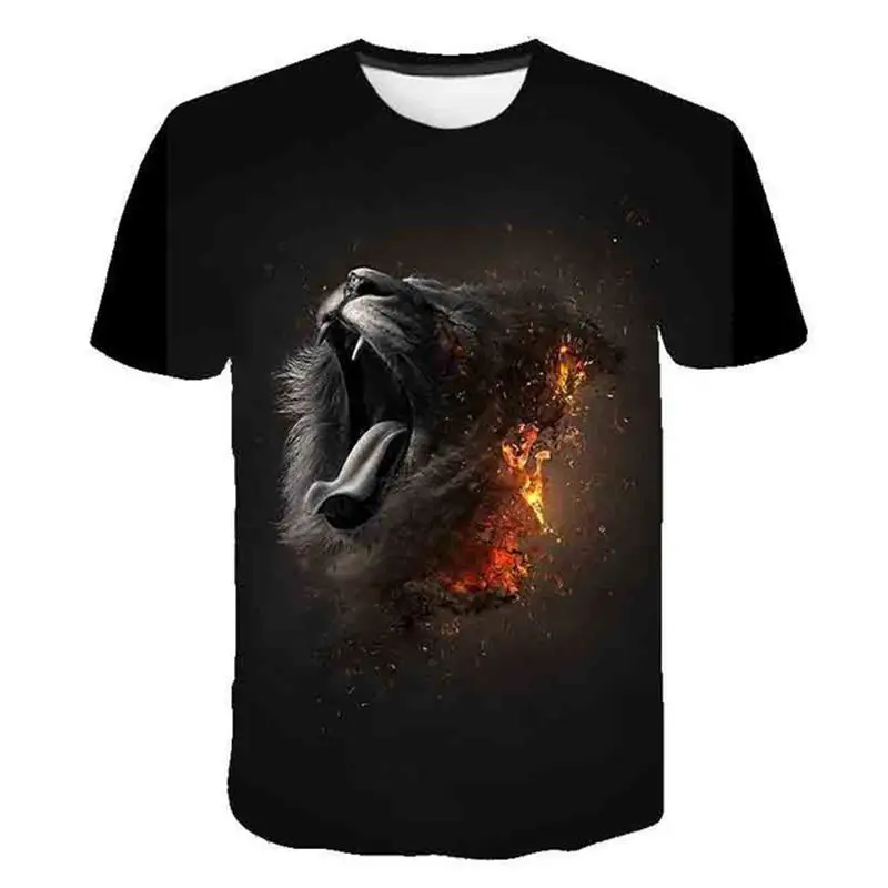 

2021 Fashion Girls And Boys Personality Summer O-Neck Short Sleeve Clothes 3D Print Cartoon Lion T-Shirt Animal