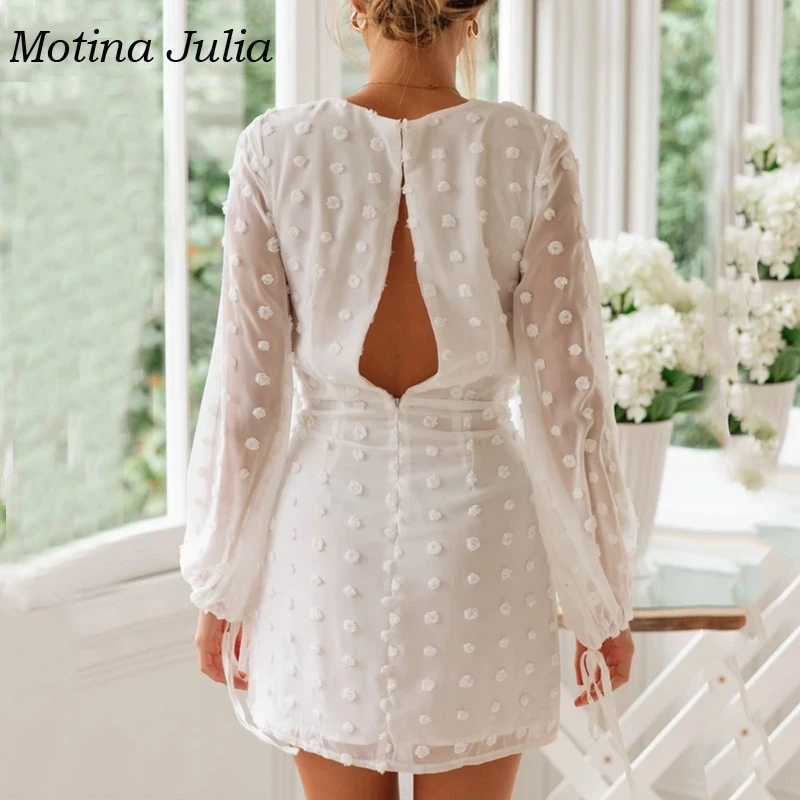 Motina Julia sexy white chiffon Jacquard dress eyelet long sleeve neck bow women vestidos 2019 trendy | Женская одежда
