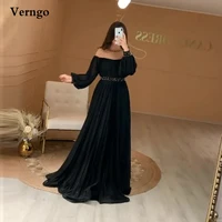 verngo black long sleeves evening dress gold pearls nude neck pleats women prom dress dubai arabricwomen event gowns plus size
