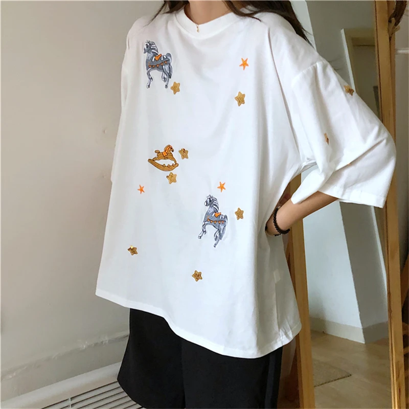 Женская футболка с короткими рукавами Shellsuning Повседневная из 100% хлопка вышивкой