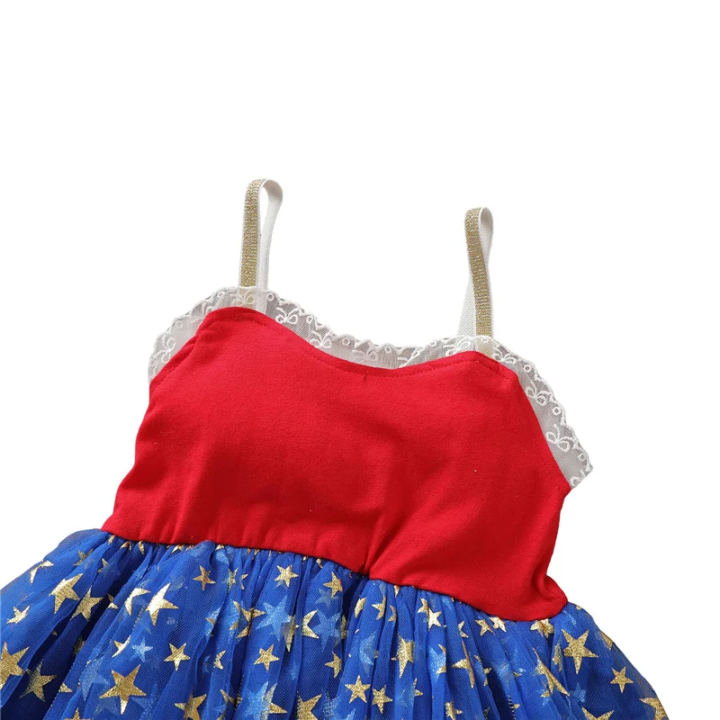 

Baby fashion Five-pointed star Independence Day Sleeveless princess Dress + Butterfly Flower Headdress Mesh Stitching Clothing