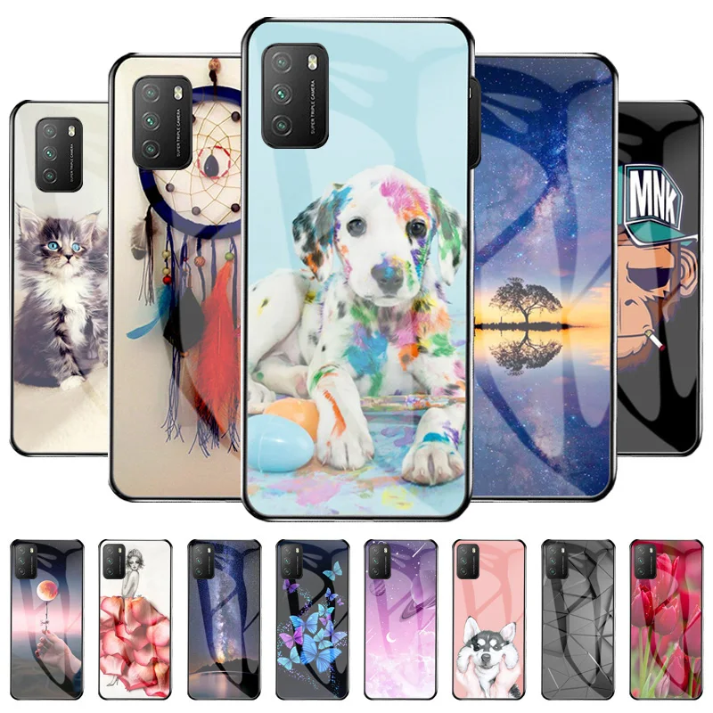 

Case For Xiaomi Poco M3 Case Tempered Glass Back Cover Capa Poco M3 M2010J19CG Shell Animal Flower Painted Bamper Fundas