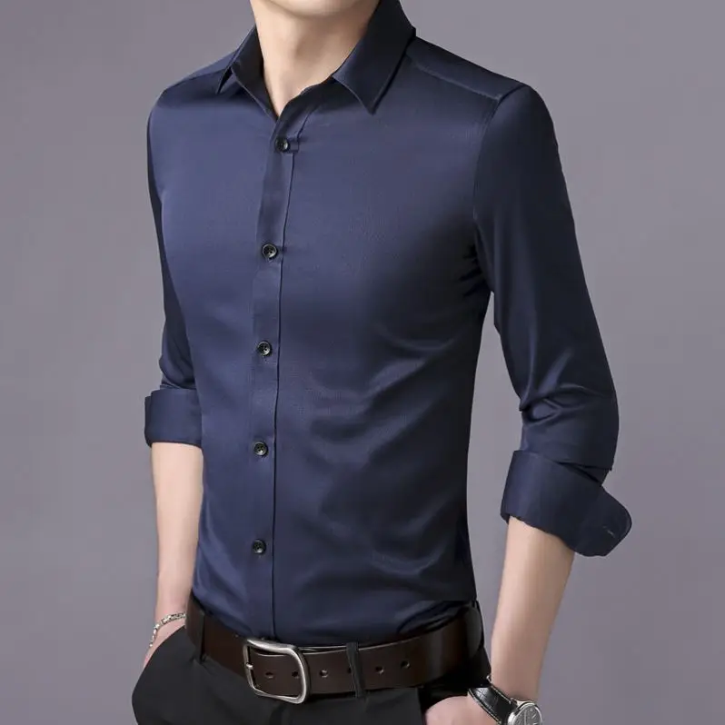 

Men Dress Shirt Long-Sleeved White Slim-Fit Social Elasticity Black Male Casual Blue