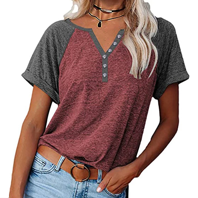 

Summer Women V Neck Button Casual Short Sleeve Shirt Loose Color Matching Fashion Plus Size T Shirt Top Vintage Oversize Clothes