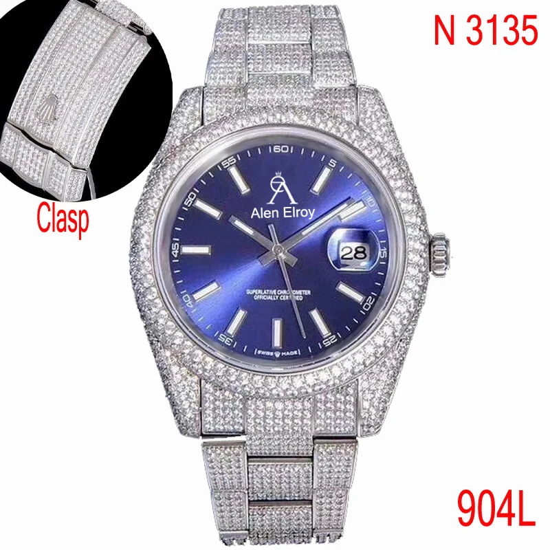 

Iced out top quality watch Blue dial Date-just- Full Diamonds Clasp Sapphire glass Automatic ETA Noob 3135 movement 1:1