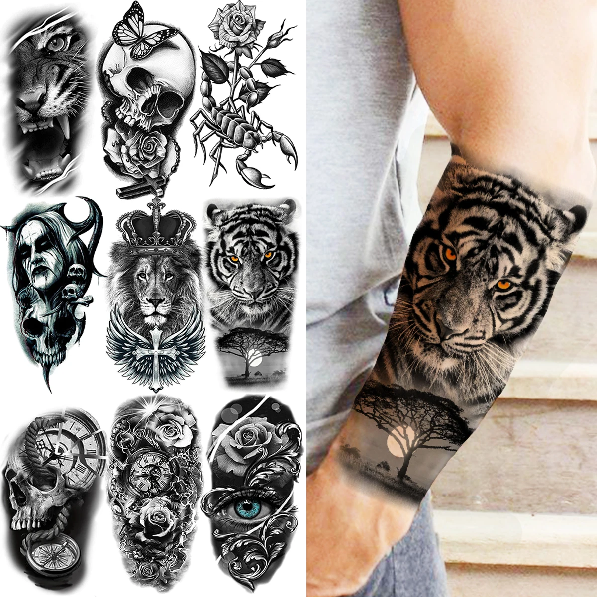 

Large Tiger Forest Temporary Tattoos For Men Women Realistic Skull Scorpion Vampire Lion Eye Fake Tattoo Sticker Forearm Tatoos