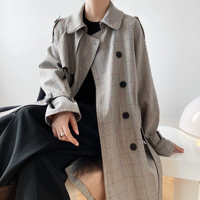 

Новинка 2021, женское осеннее длинное пальто с поясом, отложной воротник, клетчатый Женский Тренч, Femme Casaco Abrigo, уличная одежда