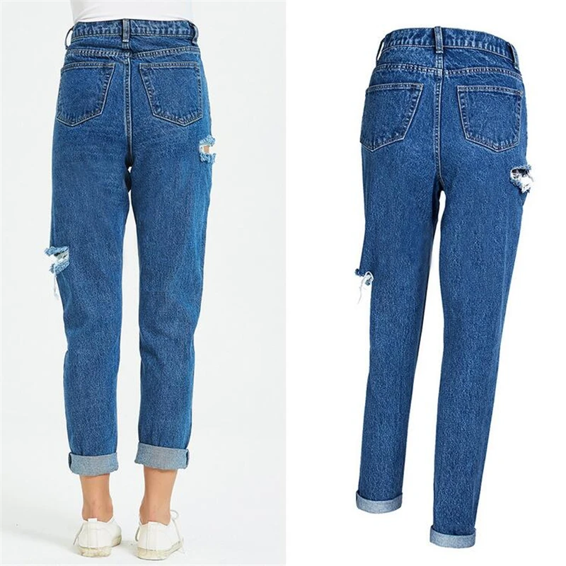 Европейские американские рваные джинсы с простыми дырками и высокой талией
