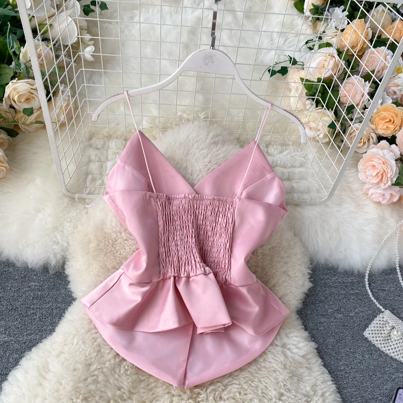 Сексуальный женский топ с баской симметричный сексуальный на бретелях оборками