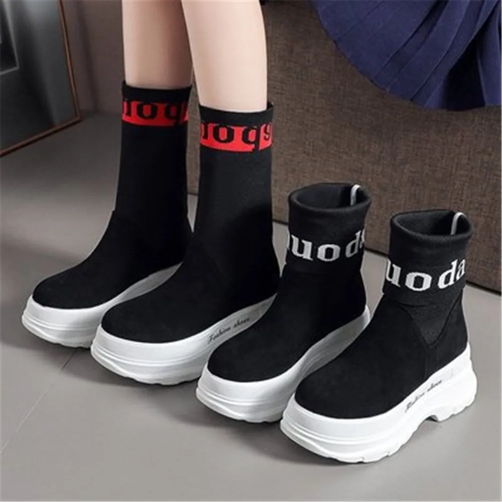

2020 Winter Platform Women Ankle Boots Female Non Slip Sneakers Wedge Heels Sock Boots Autumn Flock Stretch Fabric Chunky Shoes