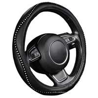fashion steering wheel cover black lychee pattern with luxury crystal rhinestone m size fits 38cm