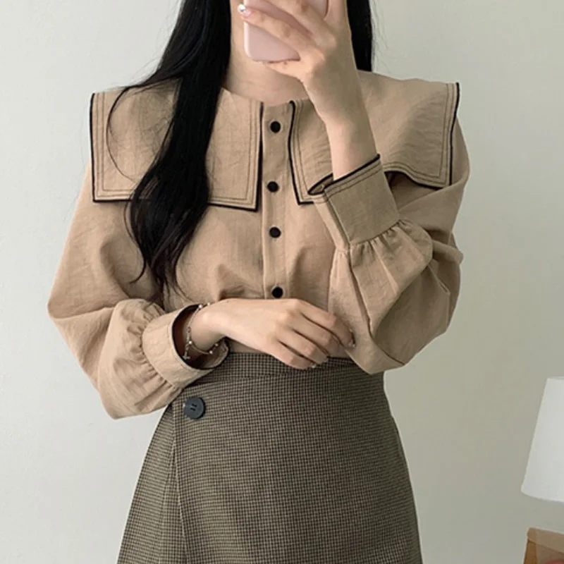 

2021 Blouses Female Spring New Korean Style Design Sense Of Shirt Contrast Color Top Thin Long Sleeve Shirt Women